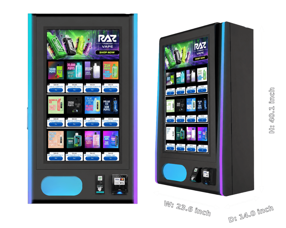 Mega LED Smart Kiosk — front and angled views with dimensions
