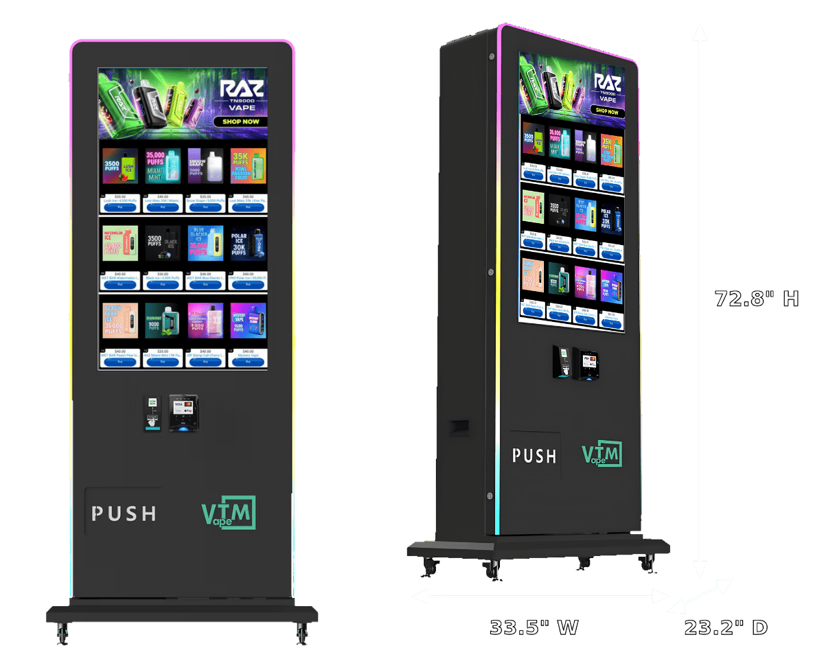 Slim Tower 2.0 Smart Kiosk — front and angled views with dimensions