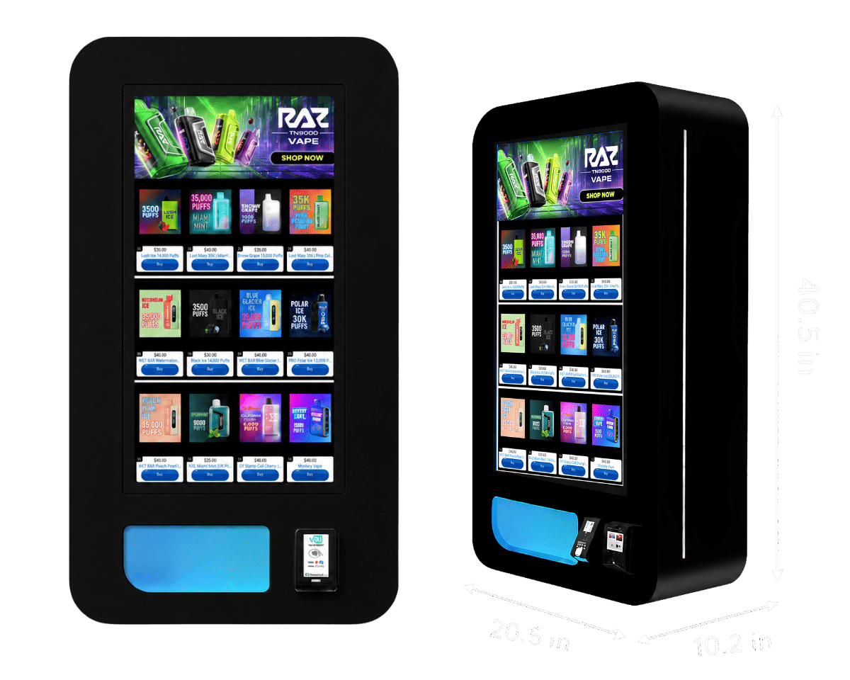 Slim Wall Smart Kiosk — front and angled views with dimensions